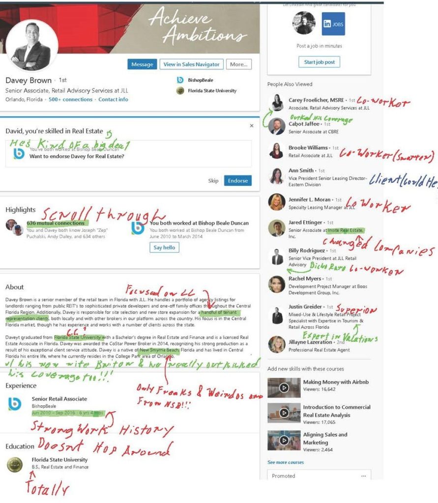 Davey's LinkedIn Profile with notes